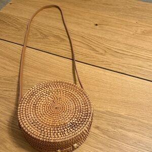 Round Woven Tan Crossbody Bag